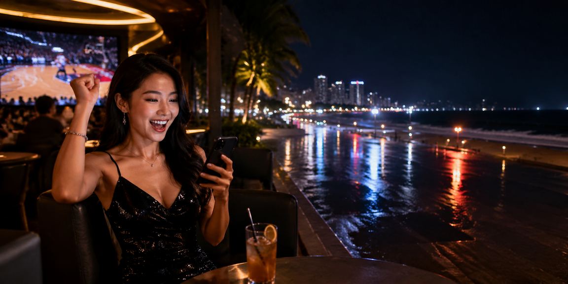 Người dùng đặt kèo bóng rổ trên điện thoại tại bãi biển Nha Trang buổi chiều